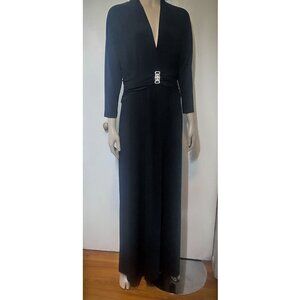 1970s deep V vintage matte jersey black Maxi
